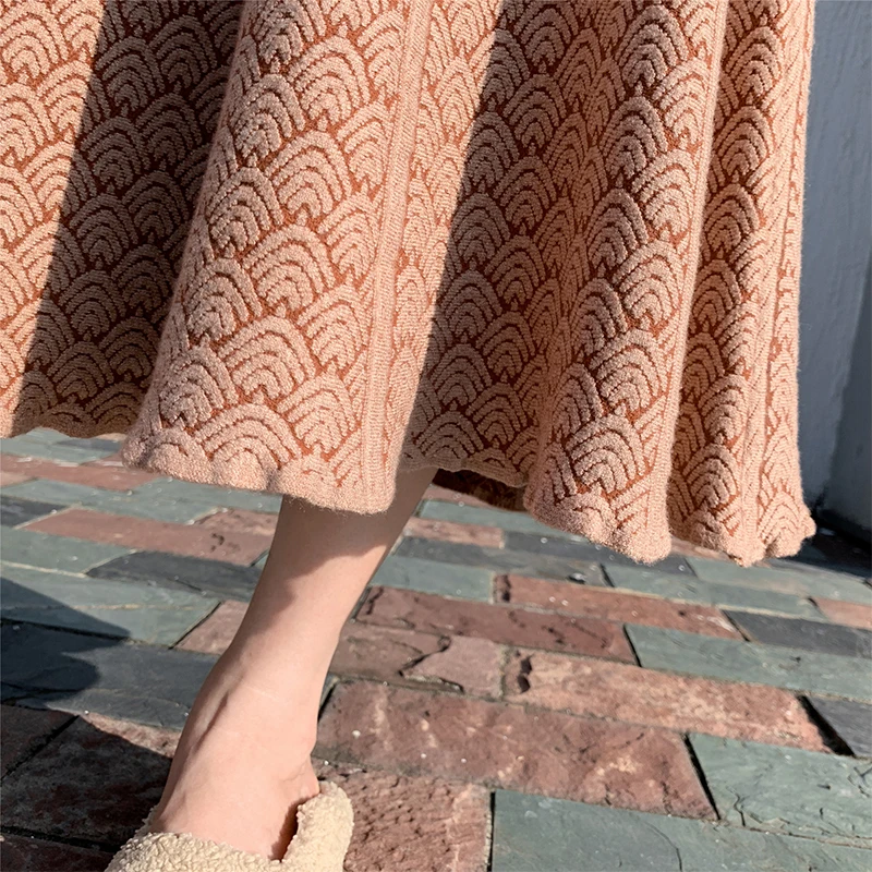 

Faldas Mujer Moda 2021 High Waist Retro Printing A-line Skirt Korean Fashion Swing Knitted Skirt Casual Office Skirts Womens