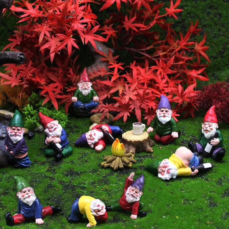 

Mini Fairy Garden Drunk Gnomes Miniature Ornaments Set Dwarf Bonfire Statues for Flowerpot Garden Decor Accessories