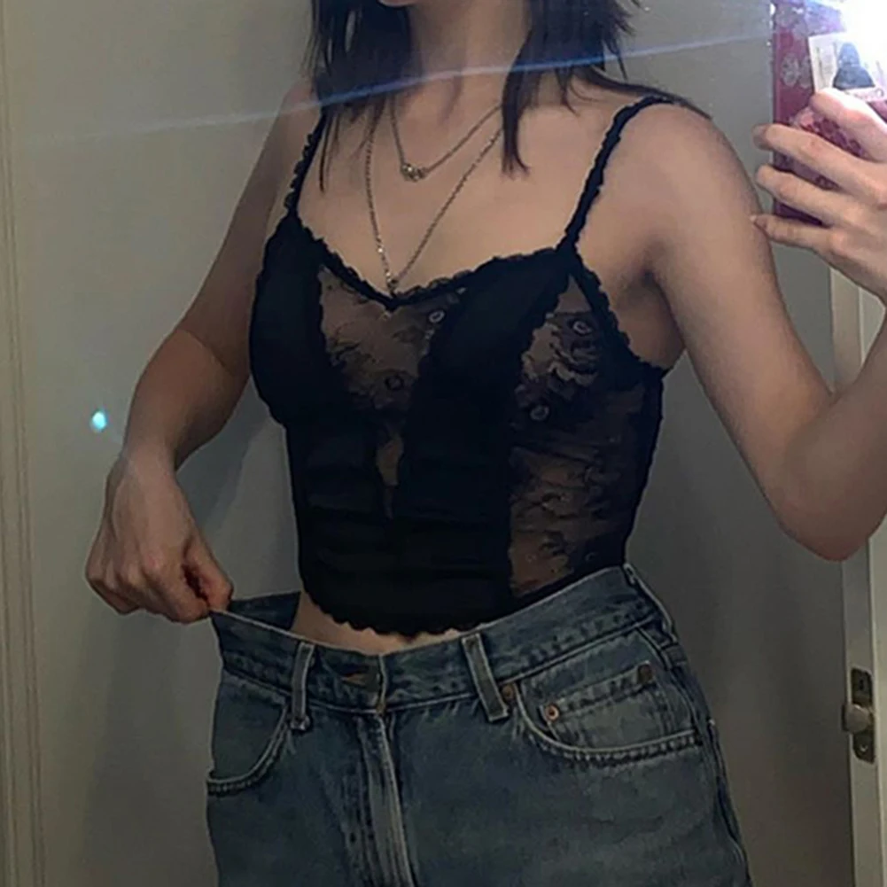 

Gothic Sexy Mesh Punk Patchwork Strap Crop V-neck Transparant Women Clothes Crop Tops Hollow Out Front Summer Clubwear Tank Top