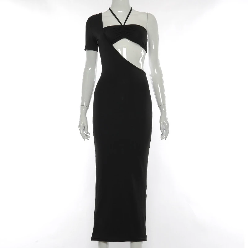 

Fashioncyes Halter Sexy Party Hollow Out Dress Backless Elegant Long Prom Dress Women Club Sleeveless Black Bodycon Dresses