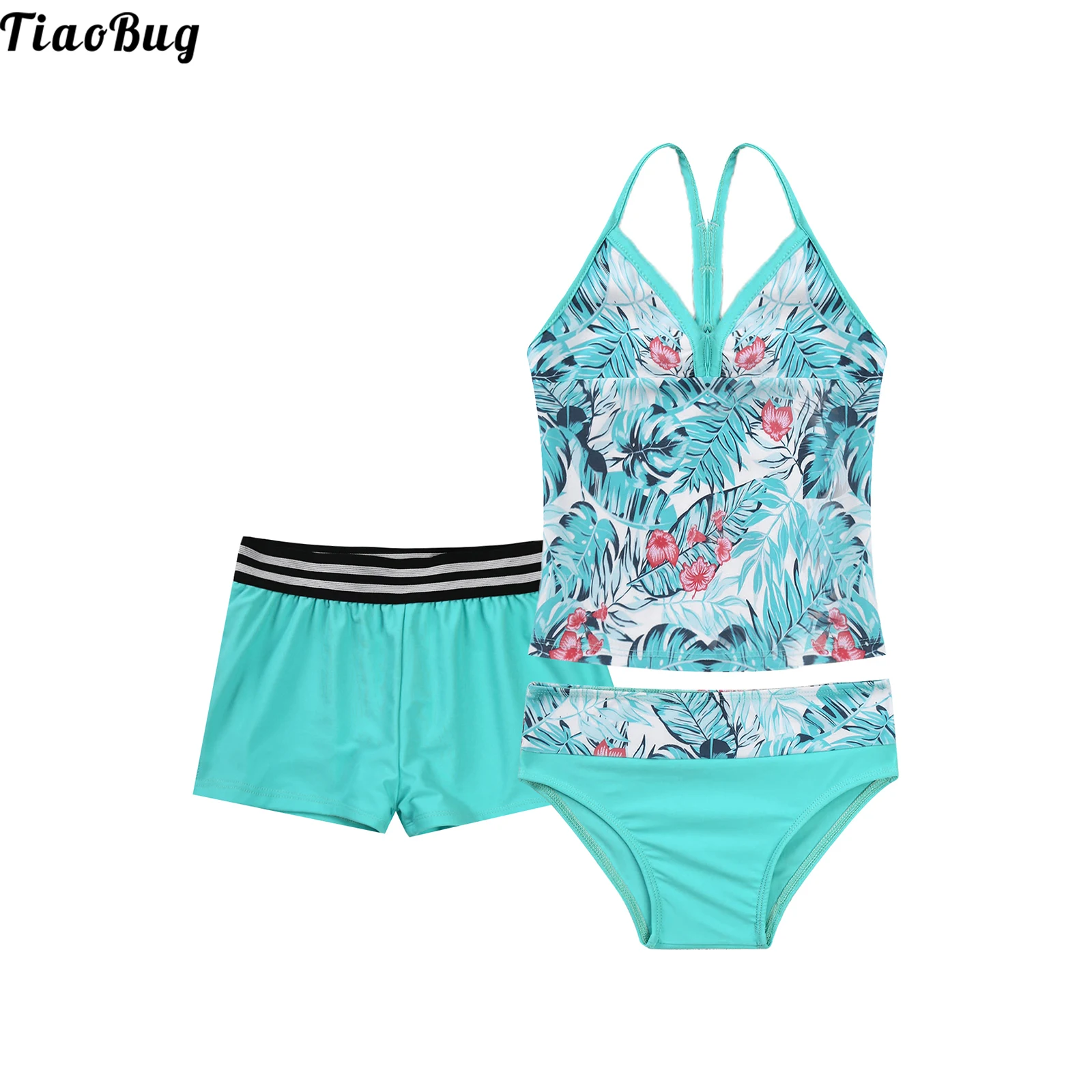 

TiaoBug Summer 3Pcs Kids Girls Print Swimwear V Neck Spaghetti Straps Vest Top And Bottoms Boyshorts Briefs Set Beach Bikini
