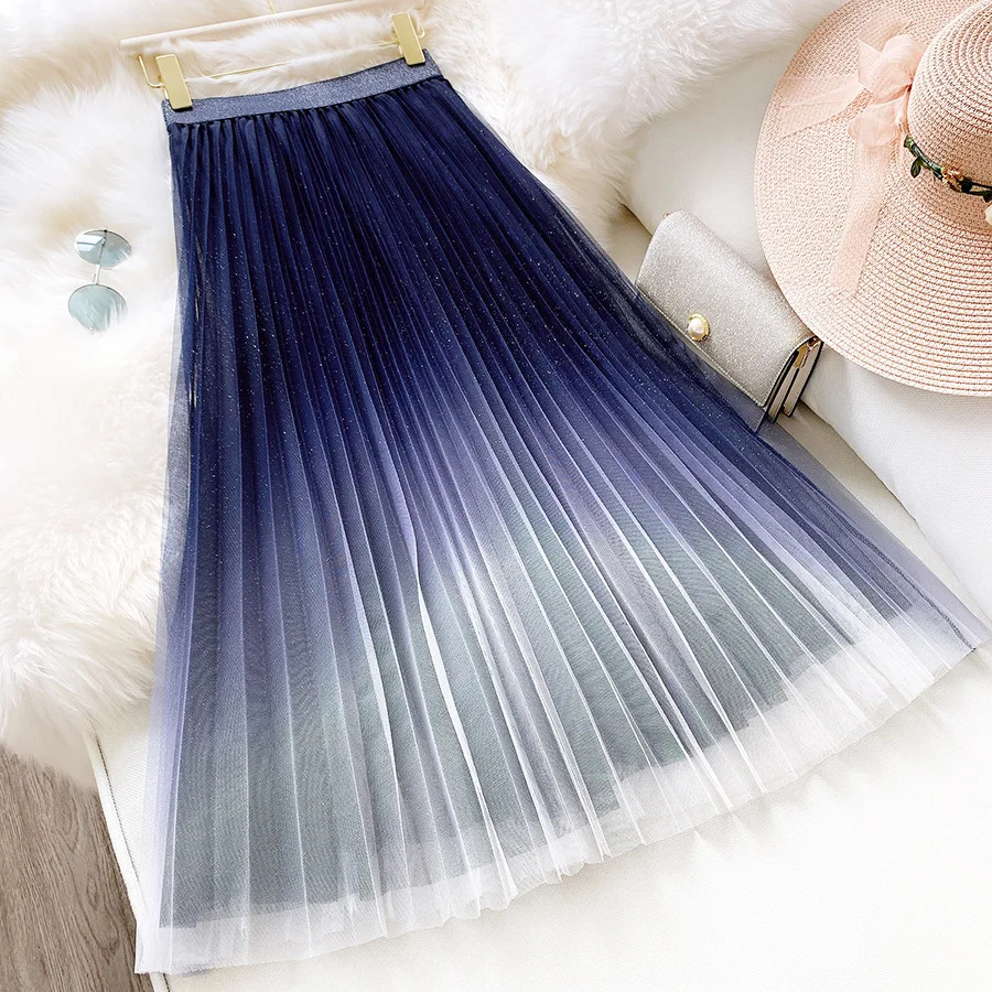 

2021 Good Quality Women High Waist Pleated Long Skirt Bohemian Two Layer Gradient Color Summer Mesh Skirt Faldas Jupe Femme Saia