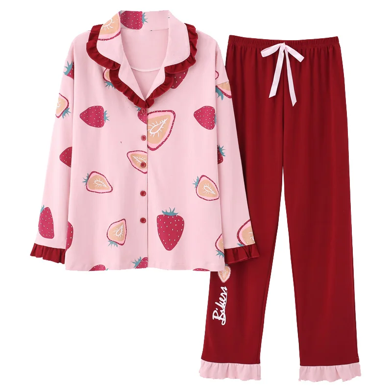 

ruffle pink princess cotton pajama sets for women autumn long sleeve pajamas strawberry pyjama female homewear pijamas de mujer