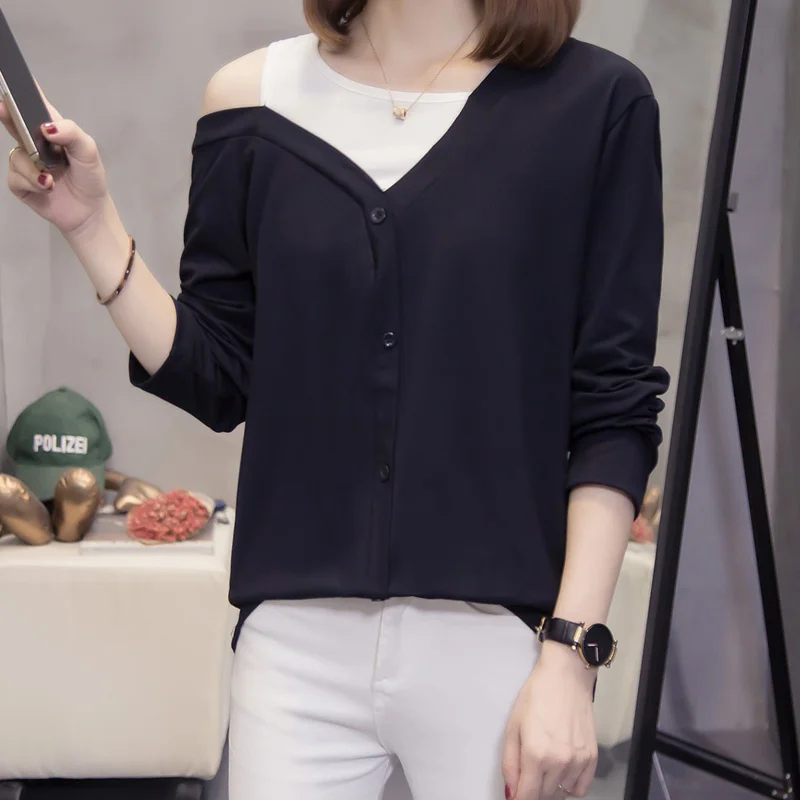 

Осенне-зимняя одежда, новинка, обманка из двух частей с открытыми плечами для полных мм200 кг, Женская свободная футболка большого размера, мо...