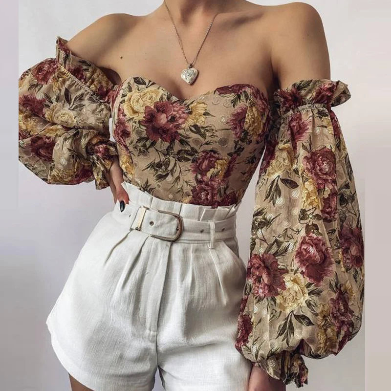 

Elegant Strapless Lantern Long Sleeve Blouses 2021 Sexy Backless Floral Print Chic Tops Fashion Off Shoulder Shirts Women Blusas
