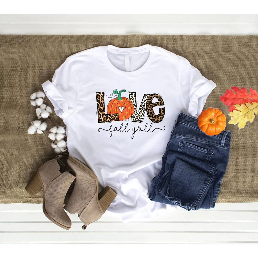 

Love Fall Y'All Tshirt Leopard Print Fall Tees Thanksgiving T-shirt Hello Pumpkin Graphic Women' Short Sleeve Buffalo Plaid 2021