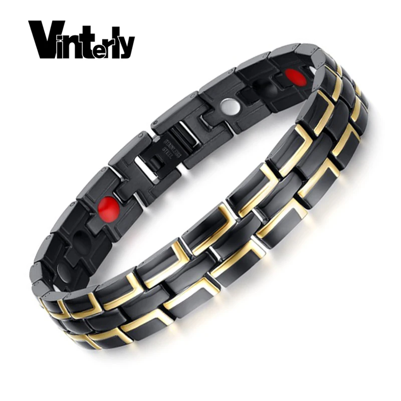Мужской браслет Vinterly из звеньев цепи черный золотой цвет магнитный нержавеющей