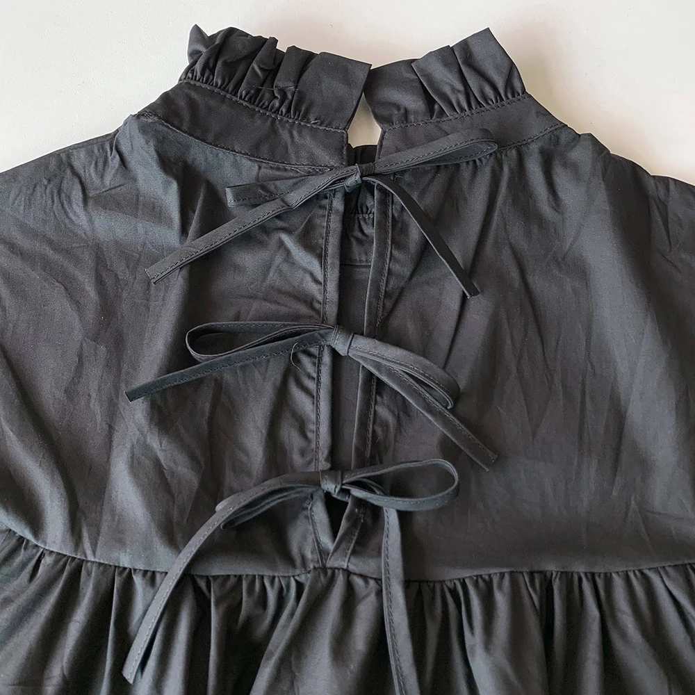 

Korean Ladies Vintage Black White Blouse Elegant Office Ladies Stand Collar Oversized Women Tops Back Tie Casual Long Blouses