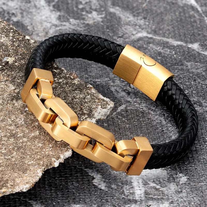 Мужской кожаный браслет из нержавеющей стали золотые звенья аксессуары для рук в