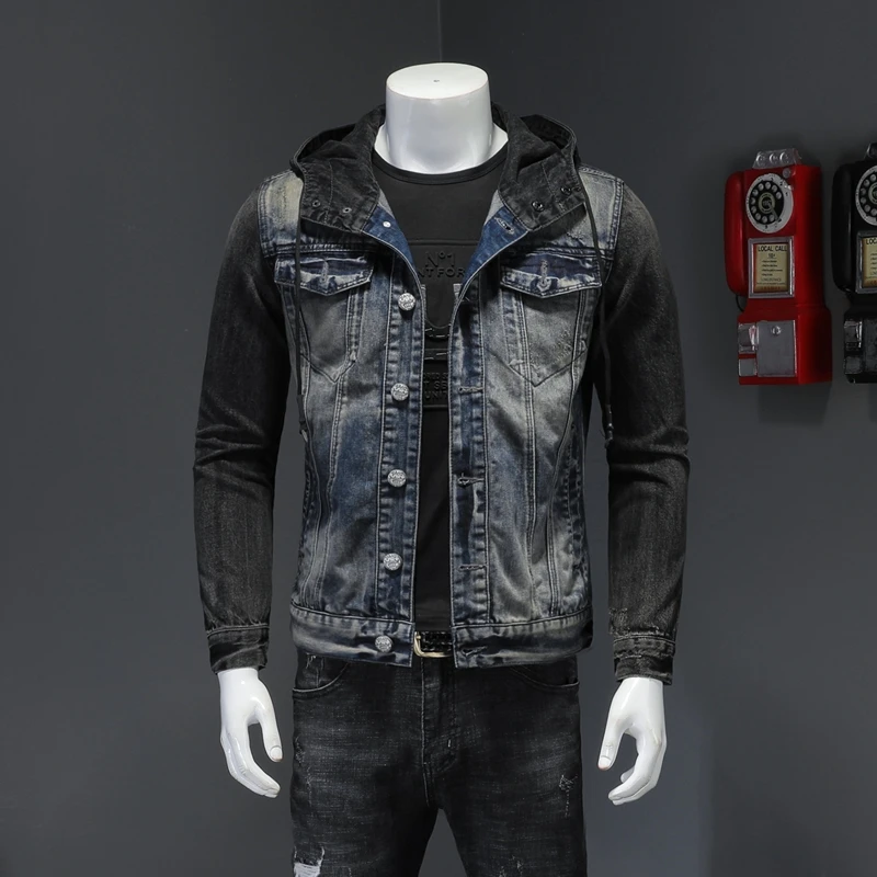 

Nice Spring Autumn Hooded Denim Jacket Casual Slim Matching Color High Quality Cowboy Coat Men