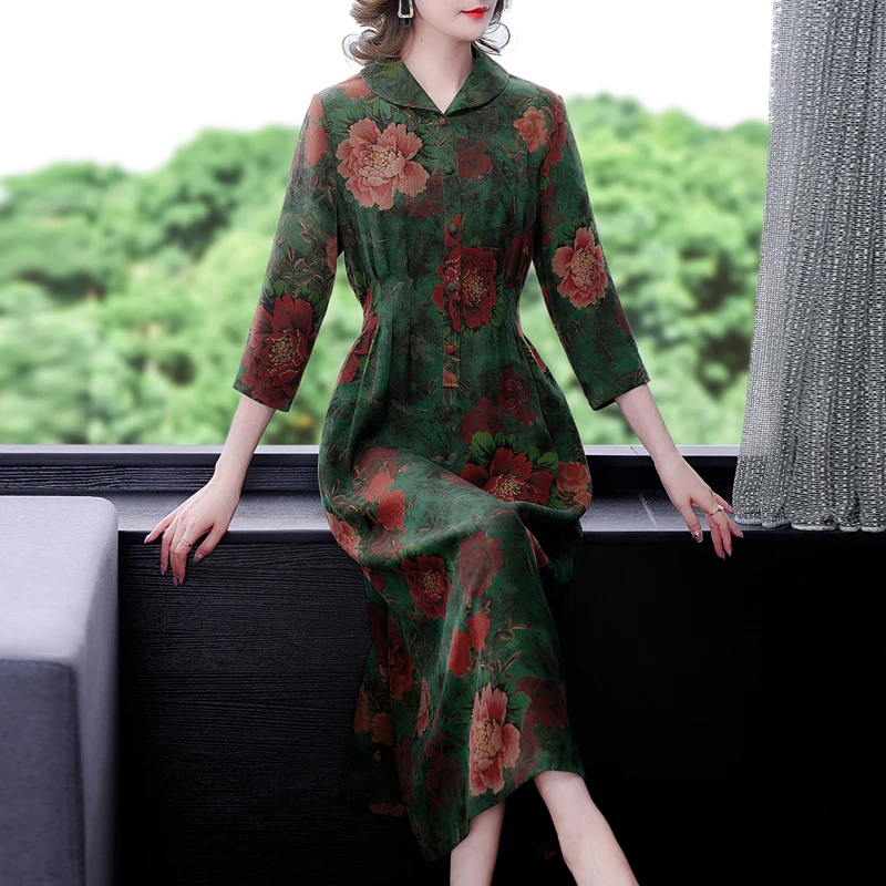 

Женская одежда на Новый год и весну 2022, Элегантное Шелковое Платье с принтом и семи точечными рукавами, Свободная Повседневная Длинная юбка ...