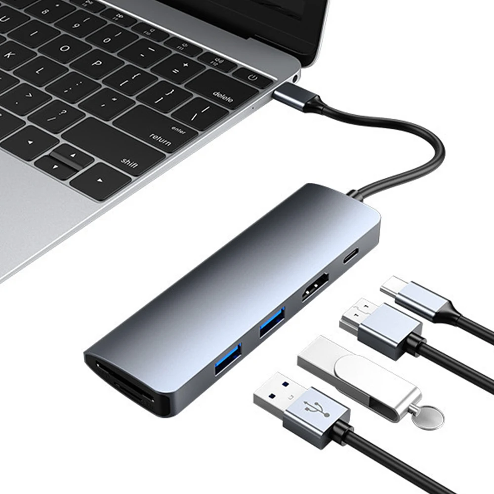 

6-in-1 USB Hub Type-C Hub Type C to 4K HD-MI Multi USB 3.0 PD Fast Charge Dock Station for MacBook Pro