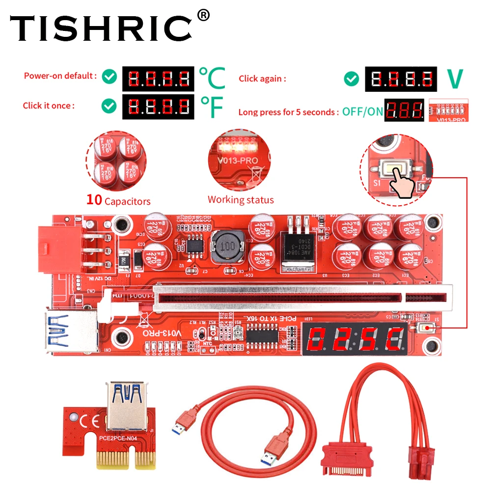 Райзер TISHRIC PCI-E 013 Pro с температурным напряжением PCIE PCI E экспресс-карта GPU 1X до X16