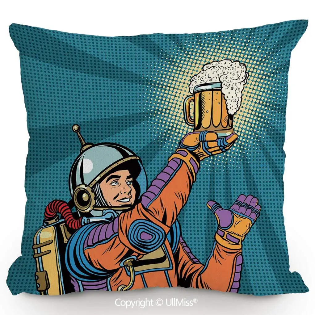 

Both Sides Same Pattern Printing x Throw Pillow Covers Colorful Astronaut Holding Beer Thirsty for Beer Long Voyage
