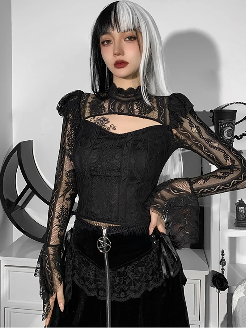 

NANXI Vintage Goth Lace Tops for Woman Hollow Out Harajuku Sexy See Through Long Sleeve Crop T-Shirt Femme Gothic Clothes