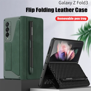 with Card Slot S Pen Holder For Samsung Galaxy Z Fold 3 5G 2021 phone
Case Leather Cover Luxury Shockproof Coque Funda (No Pen)