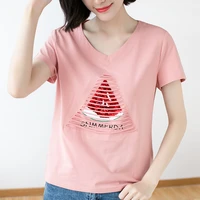 new summer loose tassel red sequins cotton women t shirt tops v neck short sleeve front back asymmetry female tee plus size 4xl