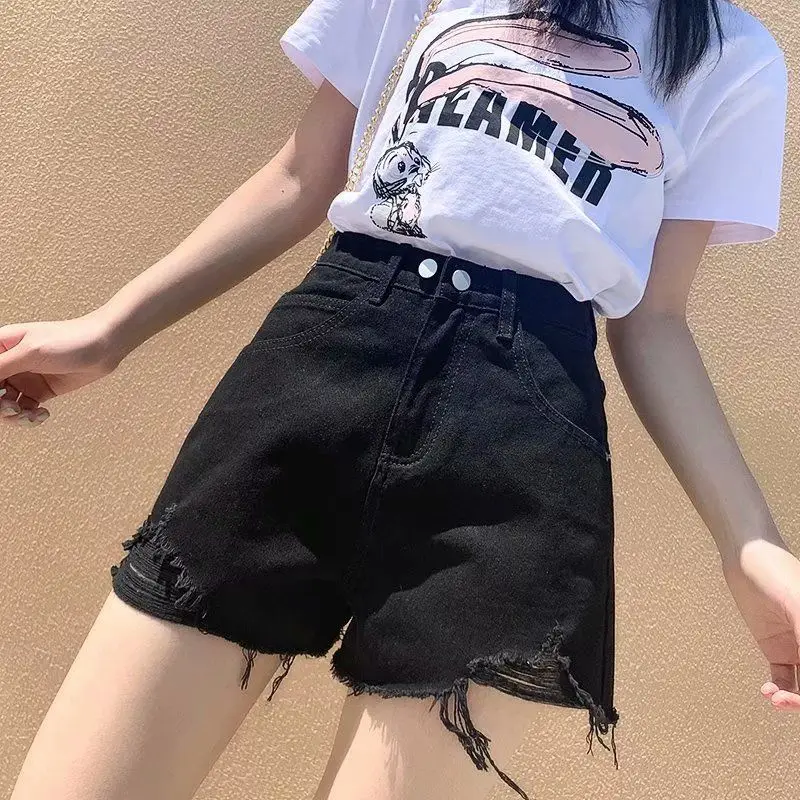 

Summer high waist denim shorts women's hole black thin loose A-line hot pants ins2021 new casual lace