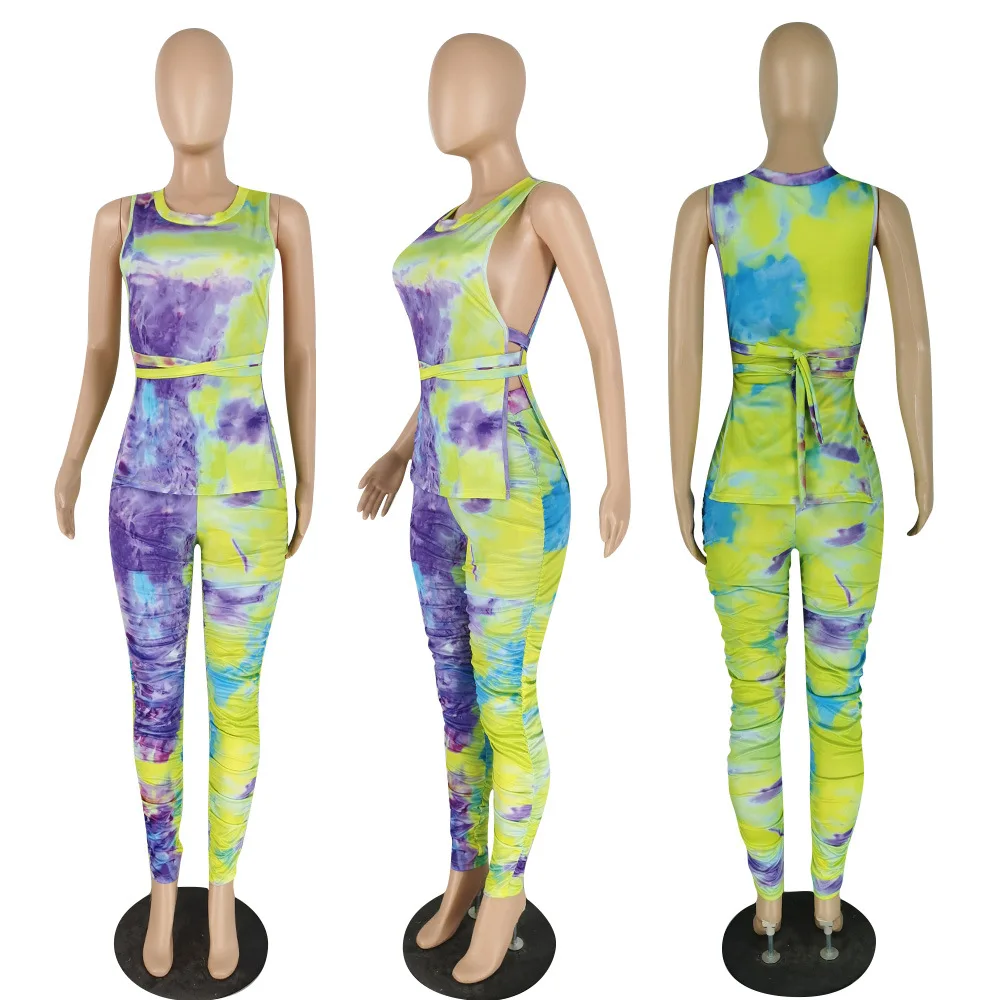 

Women Sleeveless Top and Skinny Pants Set Tie Dye Printed Sexy Chic Suits