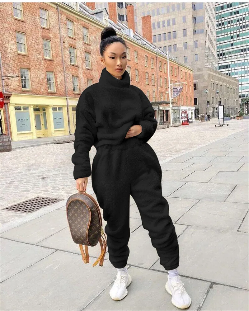 

Women Two Piece Outfits Loose Casual Winter Plush Solid Color Turtleneck Sweater High Waist Elastic Waist Trousers Clothes Set