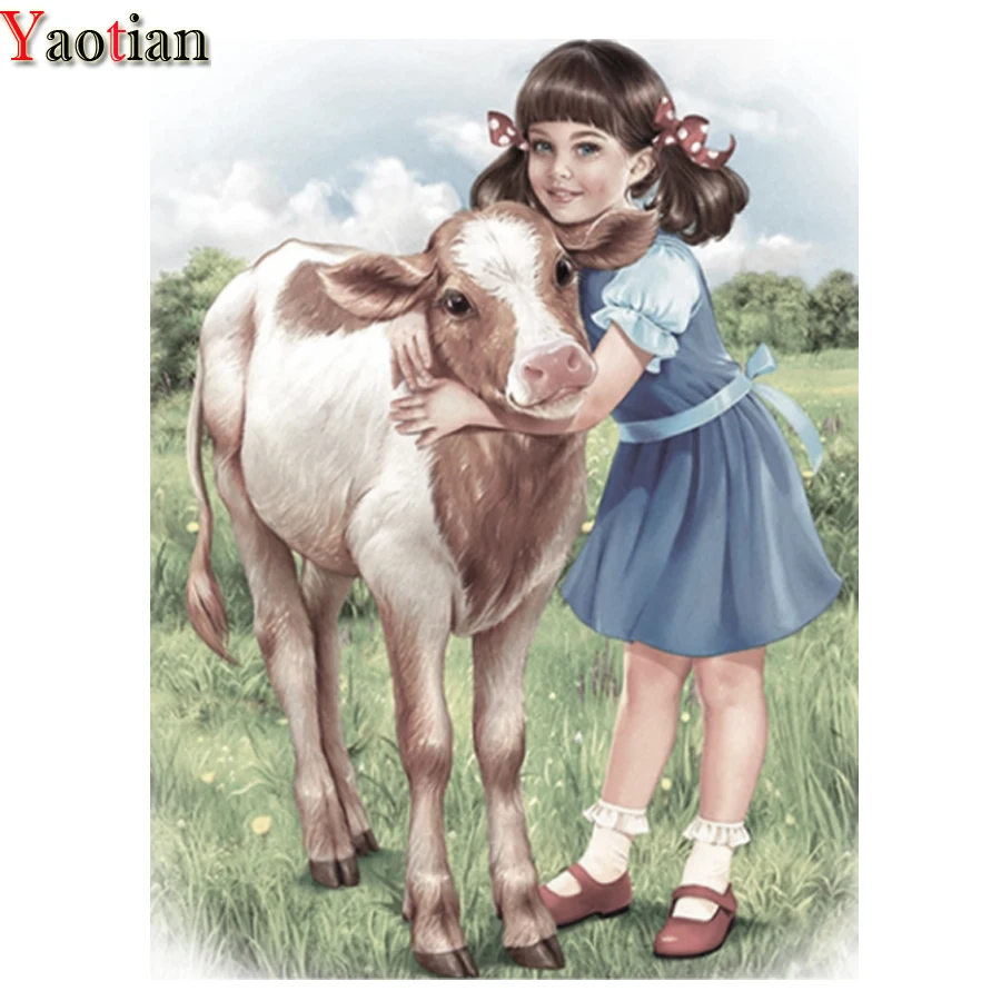 

5D алмазная живопись «Корова и девушка», алмазная вышивка «сделай сам», полная выкладка, Круглая Мозаика, животное из фермы, вышивка крестико...