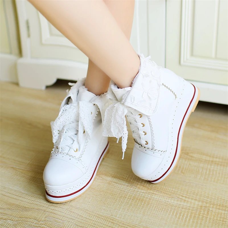 FOREADA Ankle Boots Shoes Woman Wedges High Heels Lace Up Boots Platform Round Toe Lovely Lady Footewear Autumn Short Boots 46