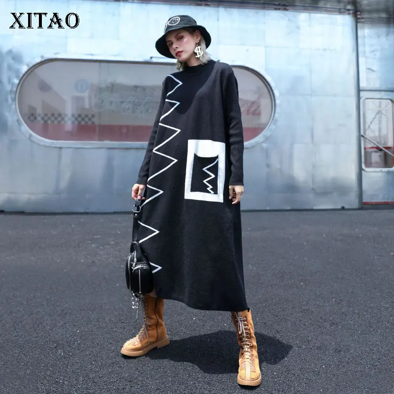 XITAO Knitted Long Women Sweater Korea Fashion New 2019 Autumn Patchwork Pocket Elegant Turtleneck Minority GCC2046 | Женская одежда
