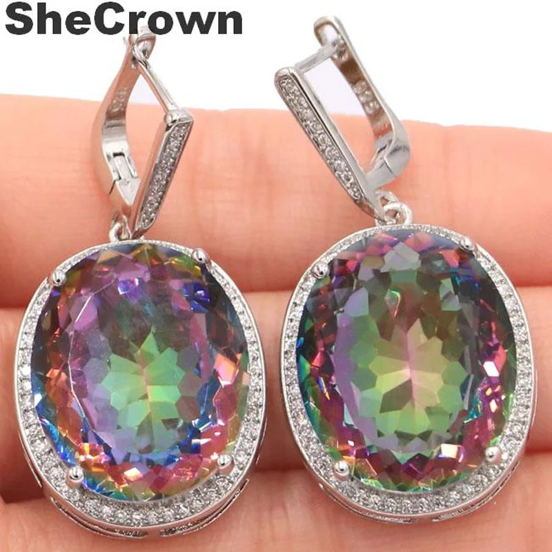 40x21mm Big European Design Jewelry Set Created Fire Rainbow Mystic Topaz Cubic Zirconia Woman's Dating Silver Earrings Pendant
