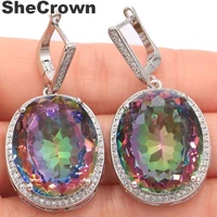 40x21mm big european design jewelry set created fire rainbow mystic topaz cubic zirconia womans dating silver earrings pendant
