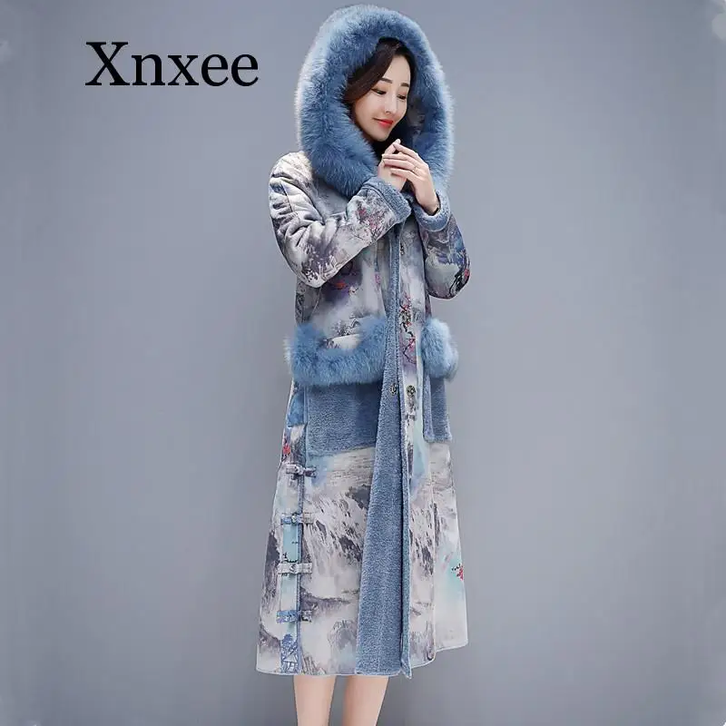 

Long Winter Coat New Winter Retro Print Plus One Coat Female Section Over The Knee