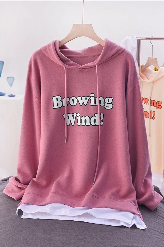 

2021 New Spring Autumn Oversize Women Pullovers Top Loose Faux Two Piece Letter Printing Medium-long Female Sweatshirts Hoodies