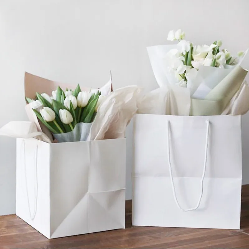 

5pcs Thickened Square Party Kraft Paper Bags Flowers Bouquet Handbags Solid Color Florist Packaging Bags Floral Supplies Bags
