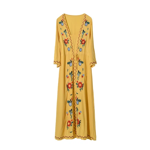 yellow Винтажное шикарное богемное пляжное макси-платье с цветочной вышивкой, женское льняное хлопковое летнее платье с v-образным вырезом - Цвет: yellow