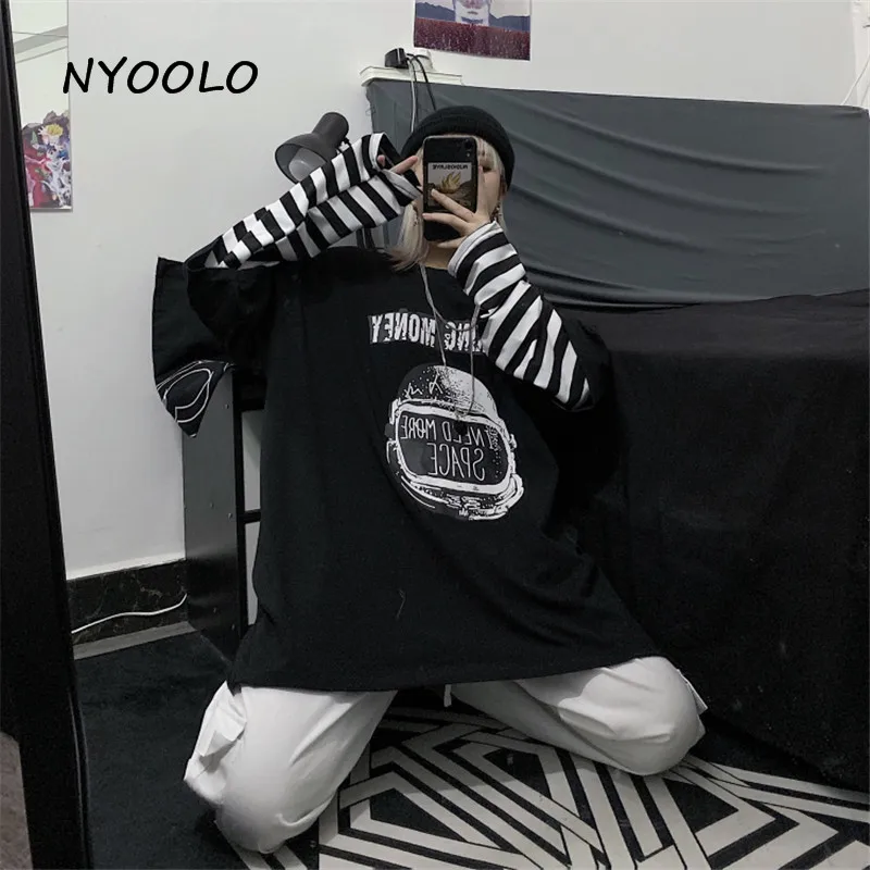 NYOOLO Autumn Vintage Pattern letters Printed fake 2 Pieces tee shirt Harajuku Style Loose Long Sleeve T-Shirt women men Top | Женская