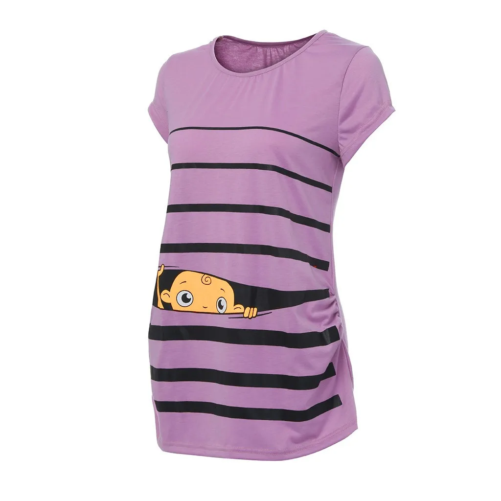 

Maternity Cute Funny Baby Print Striped T-shirt Tops Summer Short Sleeve O-neck Pregnant Tops For Breastfeeding Graphic Tees#fs