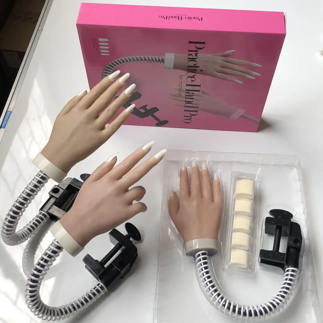 Female Silicone Practice Hand with Bracket Flexible Bendable Fake Training Hand Nails Art Display Stand Manicure