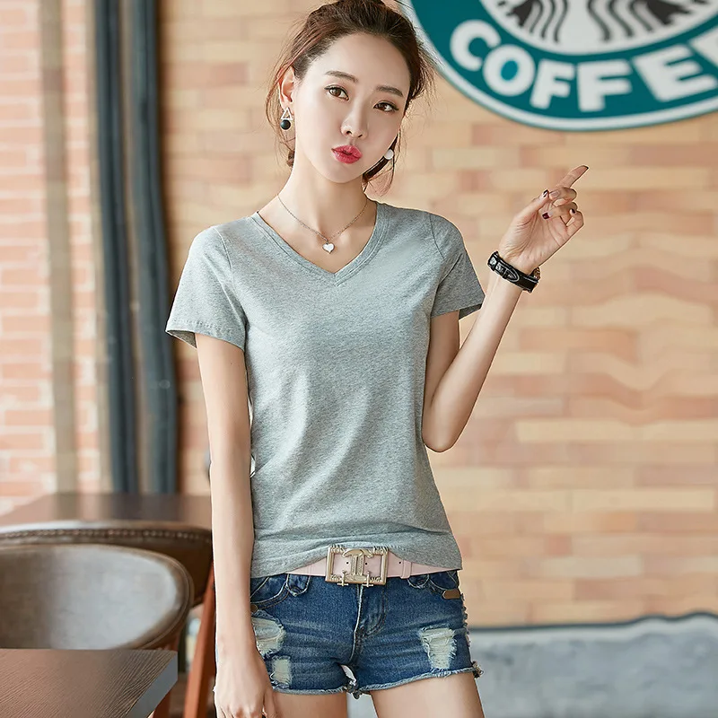 

New Arrivals Slim Fitting T-Shirt Solid Color V-Neck Women T-Shirt Casual Fashion Round Neck T-Shirts For Girls