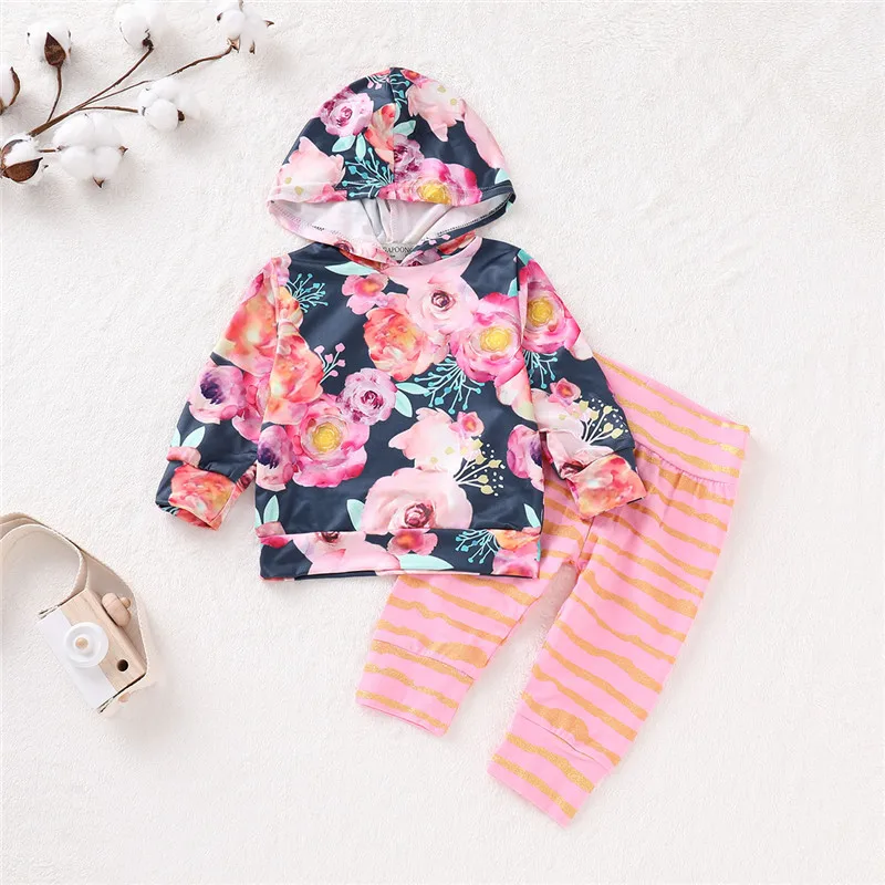 PatPat/Новинка 2020 года Весенне осенние комплекты в полоску с капюшоном и цветочным