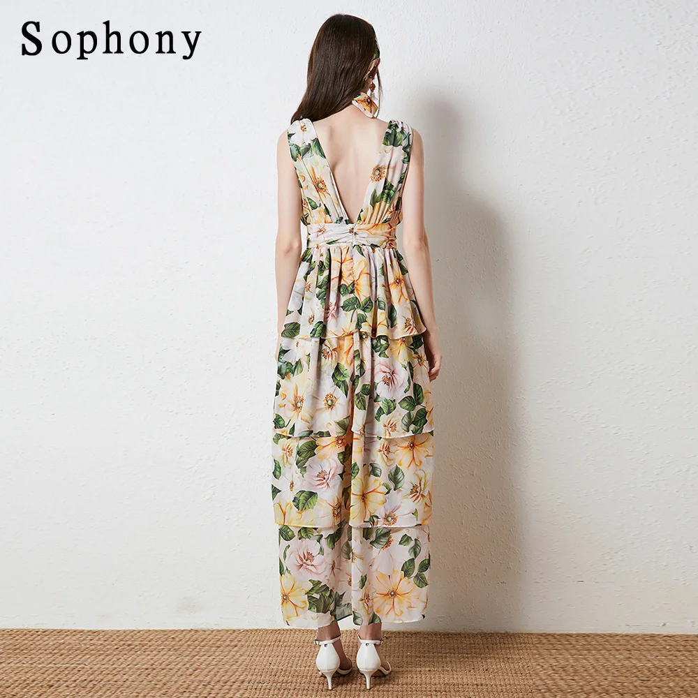 

Sophony 2021 Fashion Runway Summer Long Party Dress Women V-neck Floral print Bohemia Ladies Vacation Chiffon Maxi Robe S7365