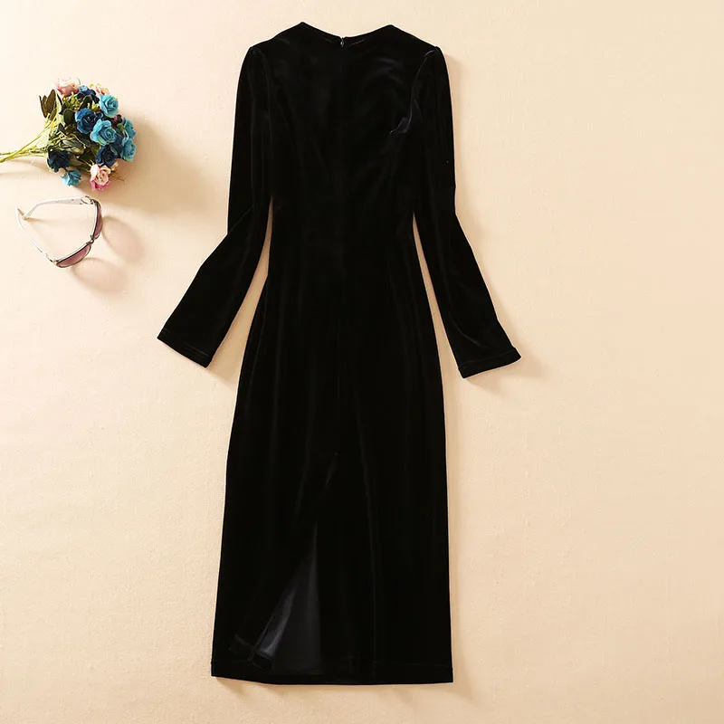 

Quality New Top Velvet Dress 2021 Winter Christmas Party Women O-Neck Beading Buttons Deco Pleated Midi Black Wine Red Dress
