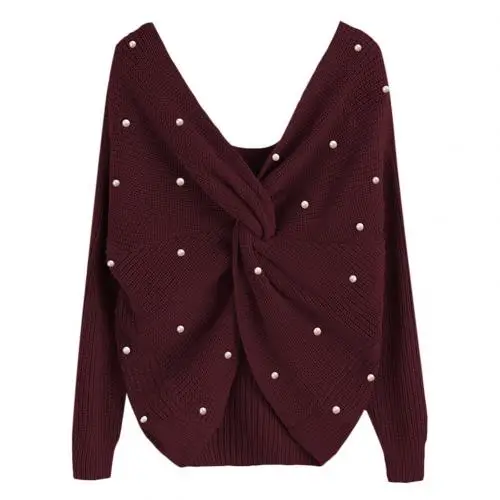Wine Red Pull femme женский с открытой спиной искусственный жемчуг бисер витой длинный рукав свитер сплошной цвет джемпер - Цвет: Wine Red