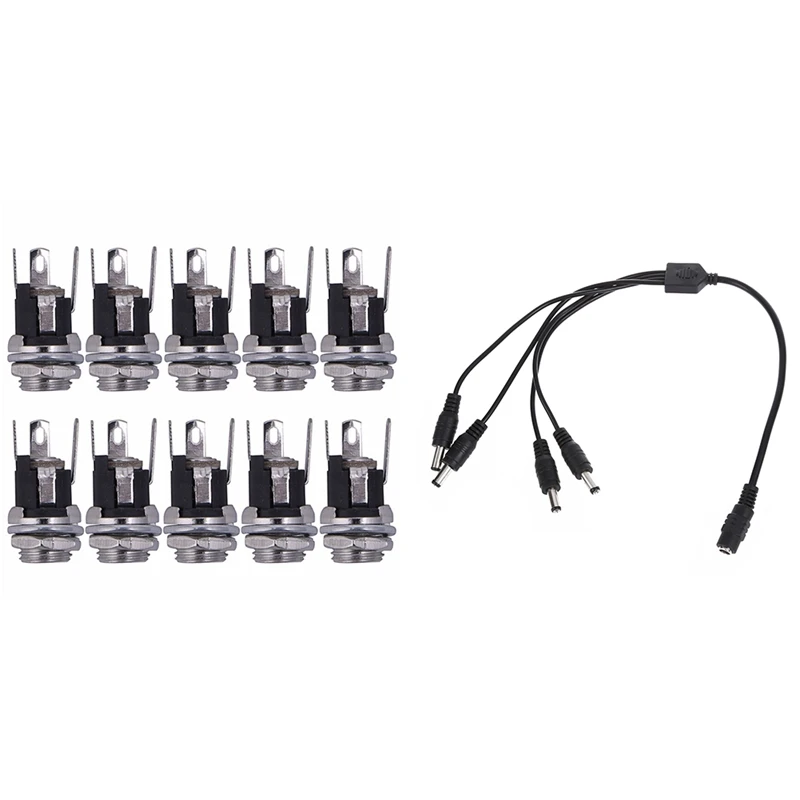

1X 1 Socket To Plug 4 DC Splitter DC Power Cable DC Power Distribution & 10Pcs DC Power Supply Jack Socket Female Panel