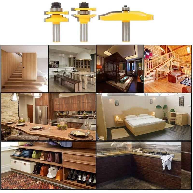 

3 PCS Router Bit Set, 1/2-Inch Shaker Raised Panel Round Over Cabinet Door Router Bit Set with Back-Cutter Panel Raiser 1/2-Inch