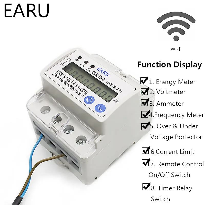 

5(60)A 110V 230V 50/60HZ Single Phase Din Rail WIFI Power Energy Meter Kwh Voltage Current Protector Voltmeter RS485 Smart Home
