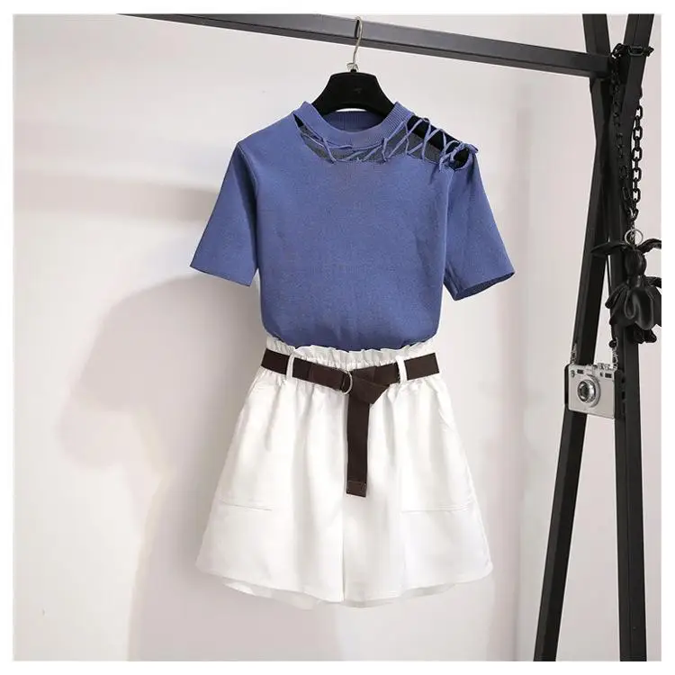 

2020 летний костюм из 2 предметов с вырезами, трикотажный топ на шнуровке и шорты с поясом, Привлекательный костюм в Корейском стиле