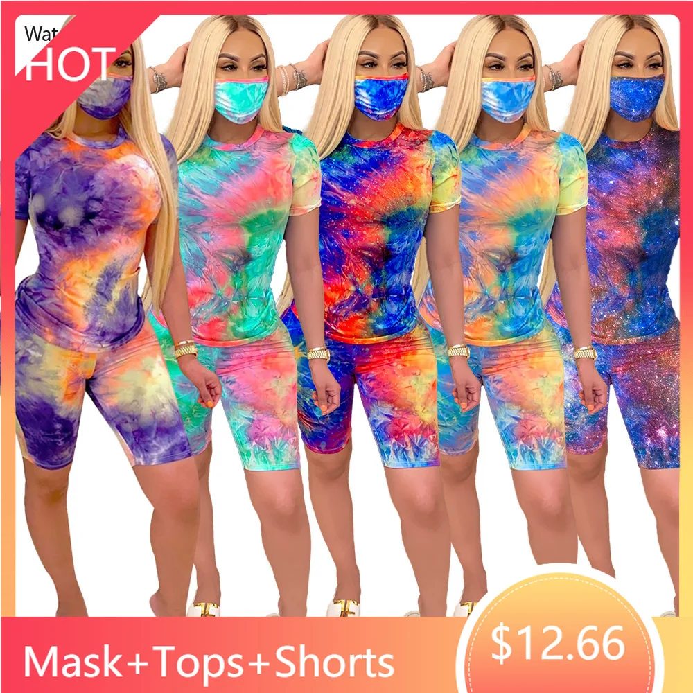 Женский спортивный костюм с принтом Galaxy Tie Dye черный топ в виде дыр маска и шорты