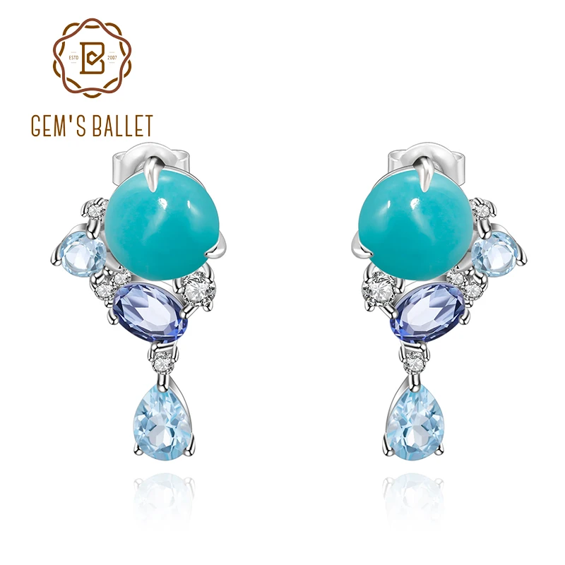 

GEM'S BALLET 925 Sterling Silver Handmade Statement Earrings Natural Amazonyte Blue Topaz Gemstone Drop Earrings For Women