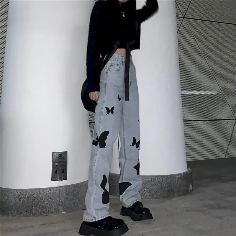 

Autumn Winter High Waist Jeans Women Straight Pants Printed Butterfly Korean Version BF Style Loose Wide Leg Pants