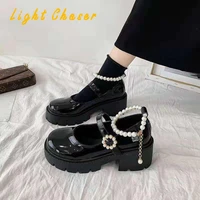 2021 new pearl british platform leather shoes women skirt thick heel retro mary jane shoes japanese female high heel shoes