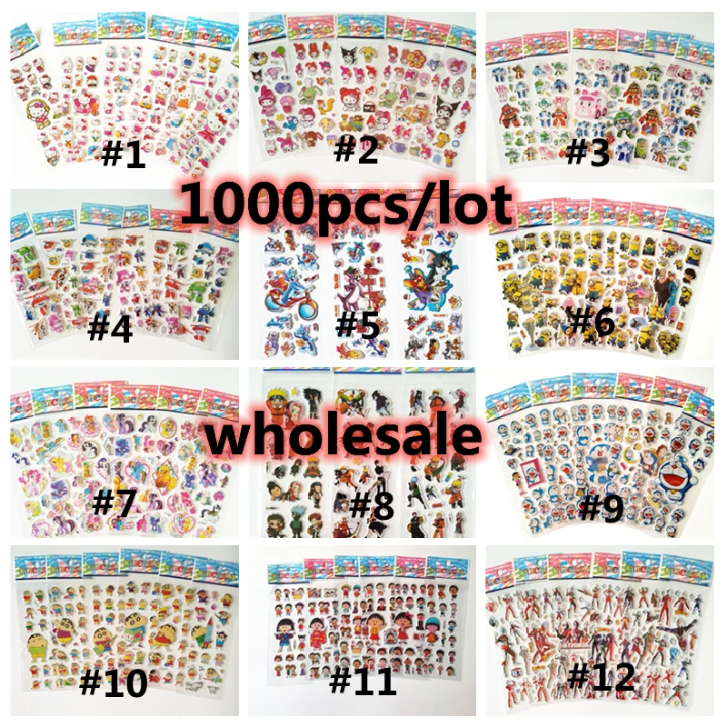 

Wholesale mix multi style 1000 Sheets Fireman Sam bubble stickers on laptop Unicorn Puffy Sticker 3D Cartoon Toys for kids toys